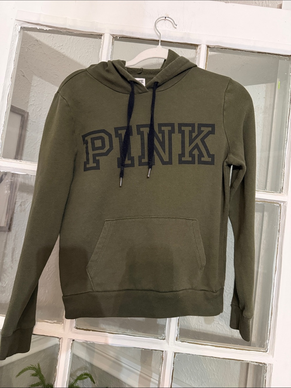 PINK Victoria's Secret Olive Green Logo Crewneck Hoodie